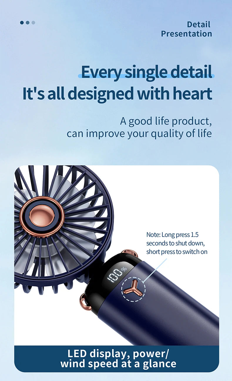 Mini ventilateur portable 3000 mAh pliable, à poser sur un bureau, à suspendre autour du cou, 5 vitesses, rechargeable par USB, support de téléphone, écran d'affichage