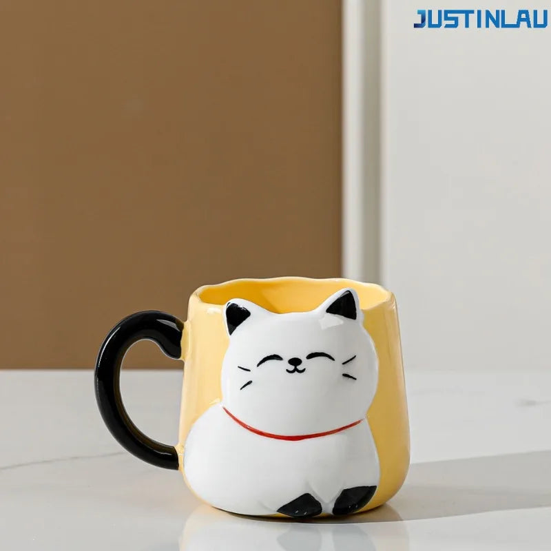 JUSTINLAU Tasse en céramique mignonne avec couvercle et cuillère, motif chat de dessin animé en relief, style japonais, tasse à café émaillée, tasse à thé en céramique