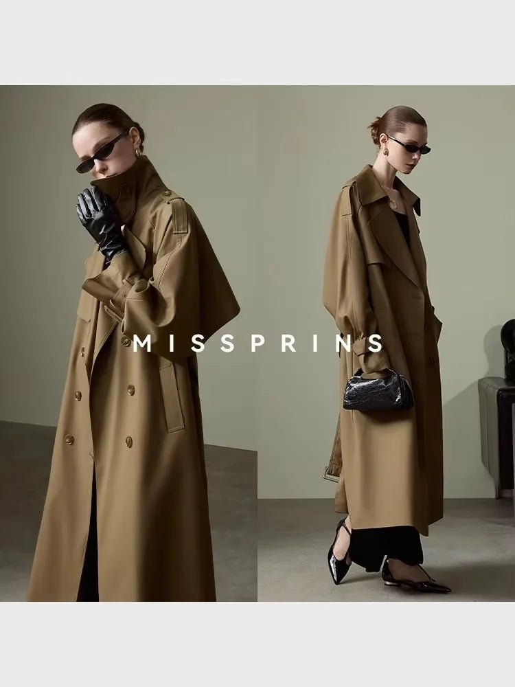Lautaro Frühling Herbst Langer Khaki Trenchcoat für Damen Gürtel Zweireiher Schick Luxus Designer Europäische Mode Kleidung 2025
