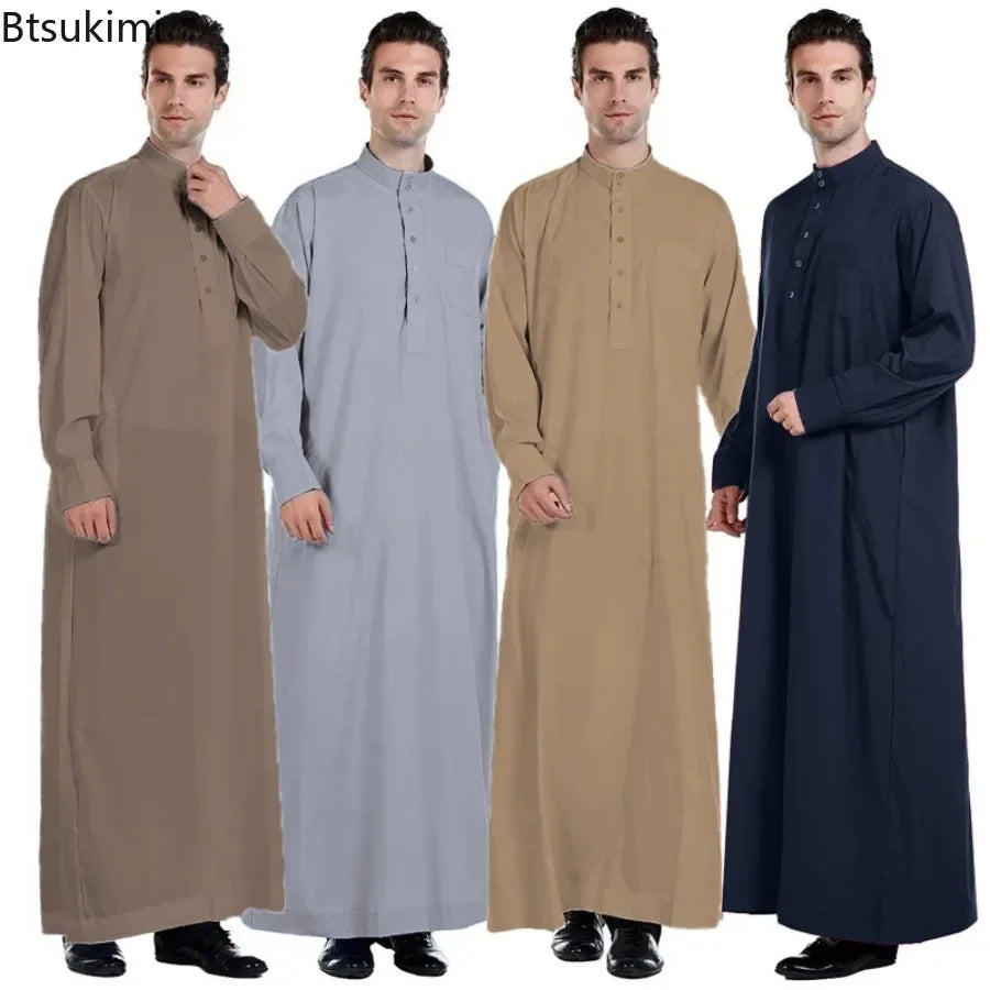2026 Muslim Clothing Men Jubba Thobe Solid Long Sleeve Kaftan Stand Collar Casual Robe Moroccan Dishdasha Thawb Islamic Clothing