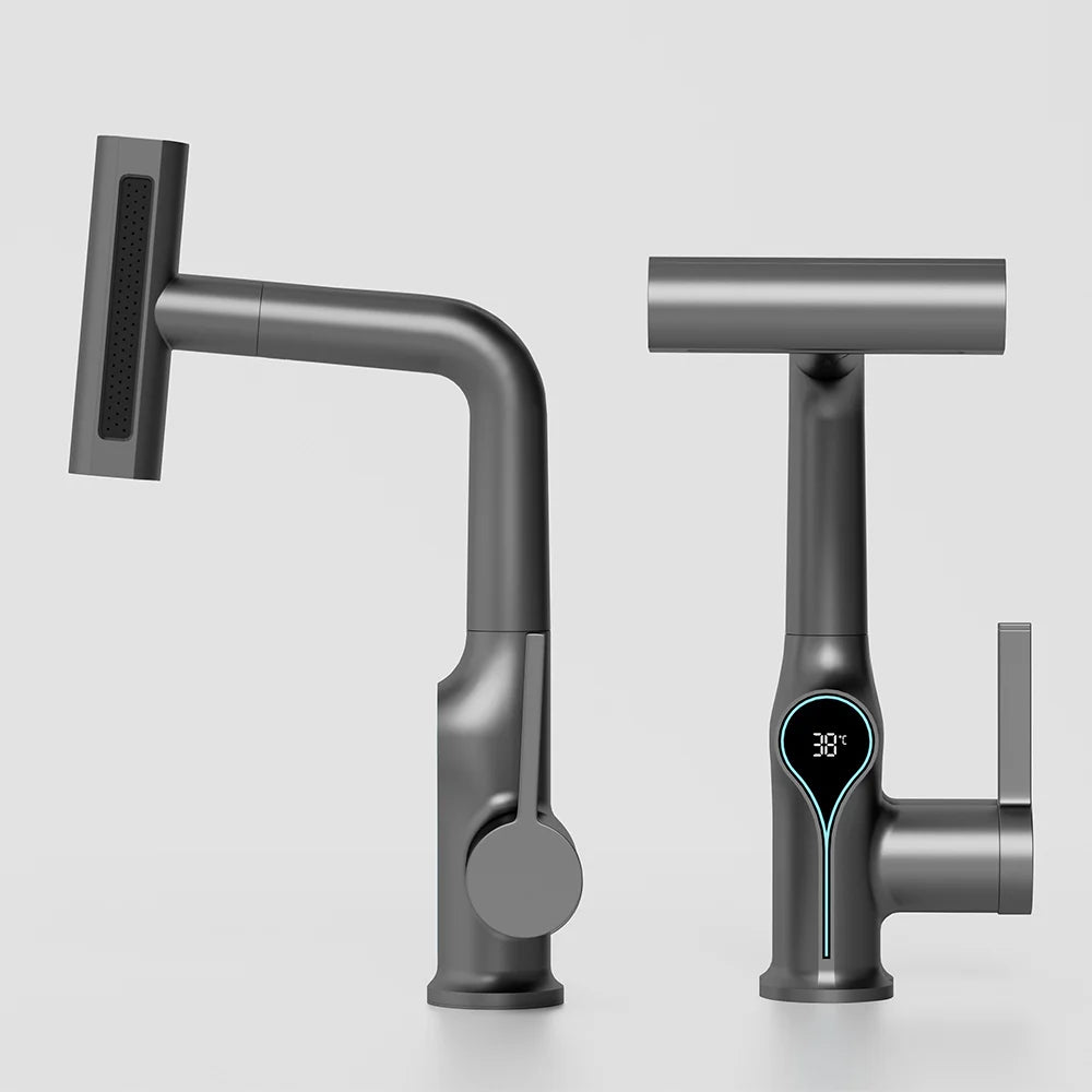 Robinet de lavabo numérique avec affichage de la température Cascade, pulvérisateur à jet relevable haut et bas, mélangeur chaud/froid pour salle de bain