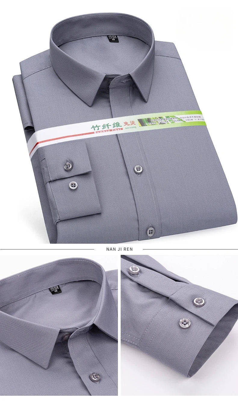 Chemise de Travail Blanche Homme en Fibre de Bambou Bleue 8XL Manches Longues Bureau Affaires Anti-rides Infroissable Décontractée