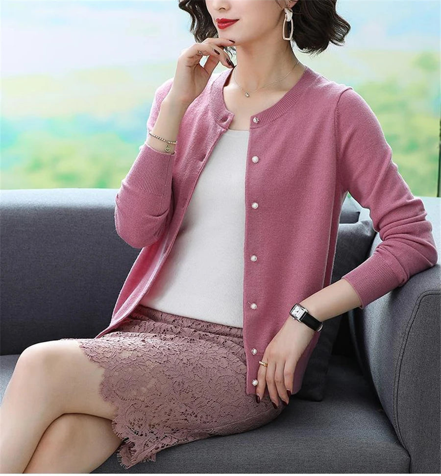 Spring Fall Slim Knit Cardigans Jacket Women Casual Korean Sweater Coats O-neck Knitwear Gilet Basic Single Breasted Malhas Tops