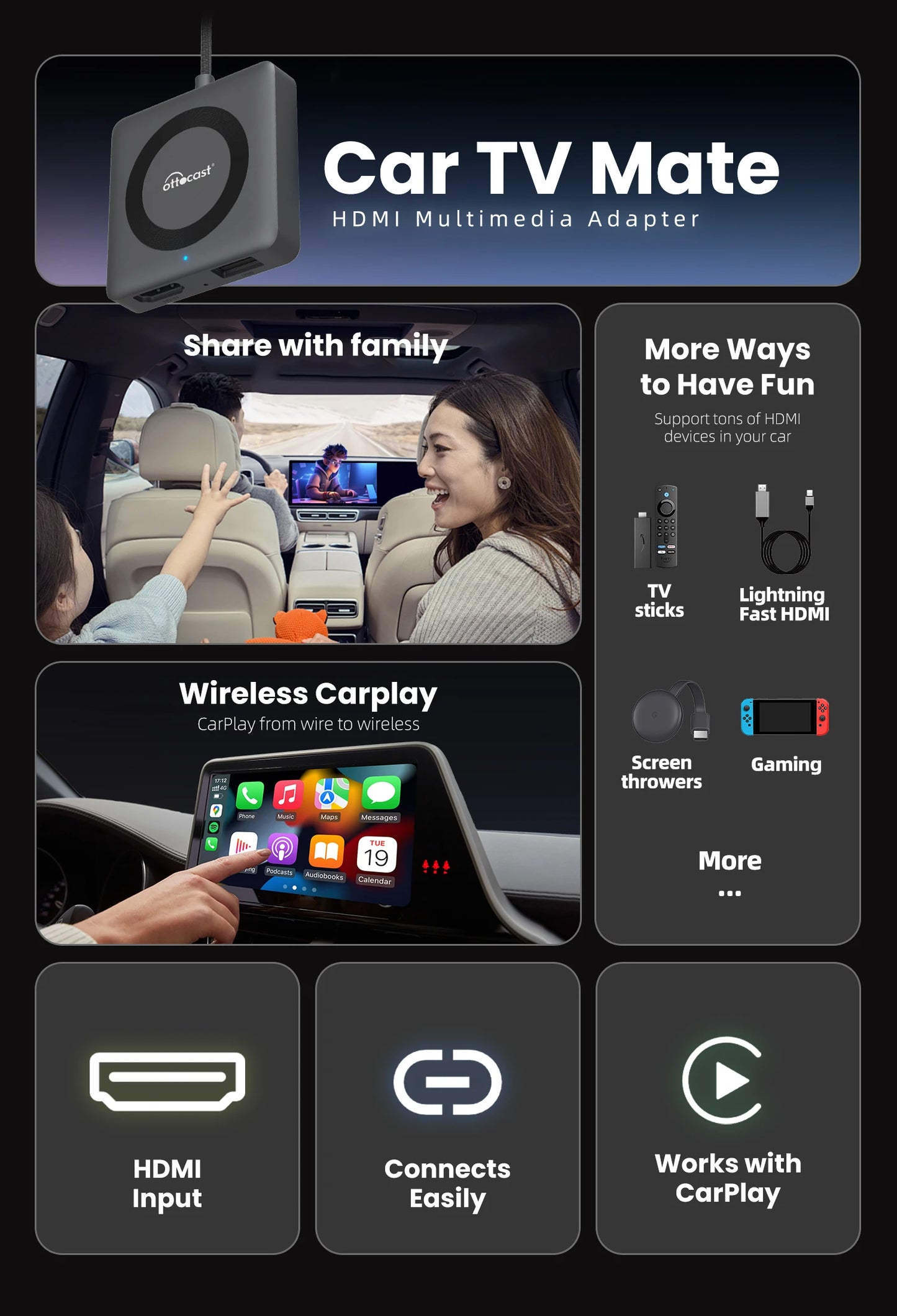 Ottocast Car TV Mate Pro Max Wireless CarPlay Android Auto Adapter für Fire Google TV Stick Konverter für OEM Wired CarPlay Car