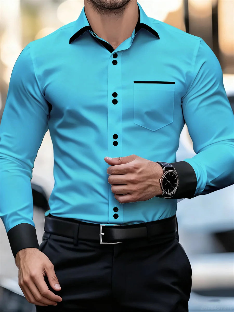 Chemise à manches longues et col color block pour hommes, coupe slim, infroissable, chemise patchwork noire et blanche, haut de mode pour hommes