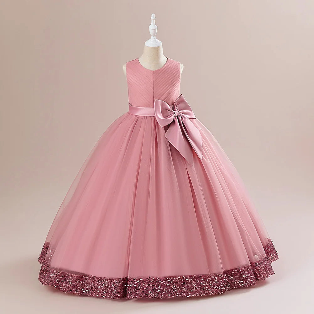 Fluffy Pailletten Brautjungfern Prinzessin Mädchenkleid Elegante Schleife Rosa Hochzeit Abschlussball Abend Kinder Partykleider für Mädchen Geburtstagskostüme