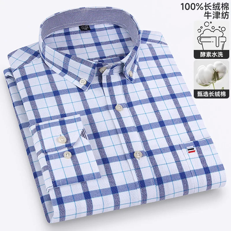 100-220 catties Plus Size Men's Shirt 100% Cotton Long Sleeve Business Casual All Oxford Spinning Plus Size Plaid Shirt