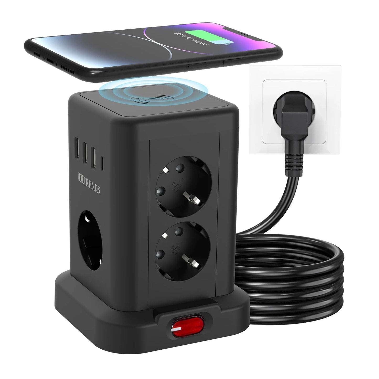 15-in-1 intelligente Steckdosenleiste kabelloses Schnellladen 3680W 3USB-A und 1USB-C 2 Meter Verlängerungskabel Hauptschalter