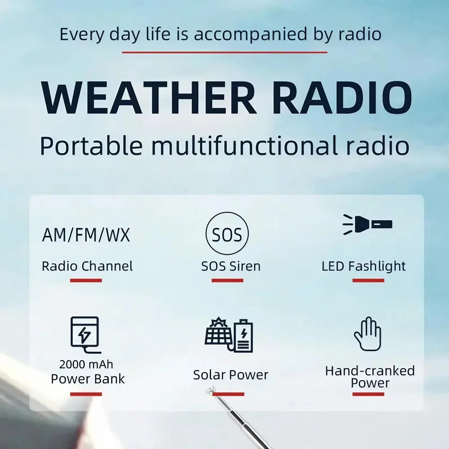 Wetterradio Notfall Multifunktionales Radio FM AM WB Handkurbel Solar USB-Ladefunktion 2000mAh Powerbank LED Taschenlampe