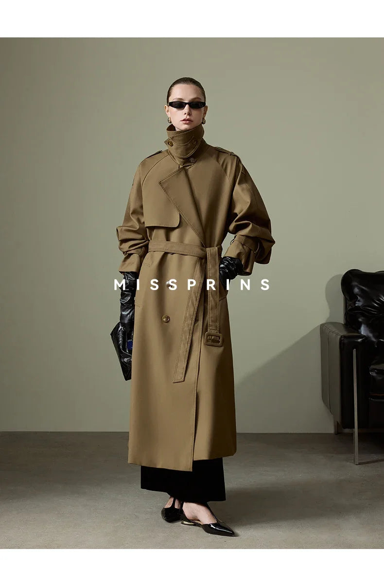 Lautaro Frühling Herbst Langer Khaki Trenchcoat für Damen Gürtel Zweireiher Schick Luxus Designer Europäische Mode Kleidung 2025