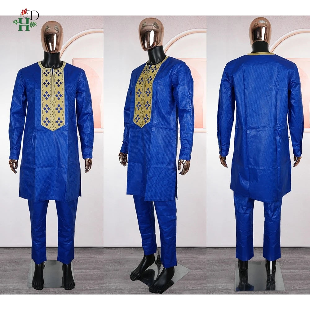 H&D Nouveaux Vêtements Africains pour Hommes Tradition Vêtements Broderie Bleu Ensemble 2 Pièces Haut Pantalon Bazin Musulman Mariage Fête Dashiki