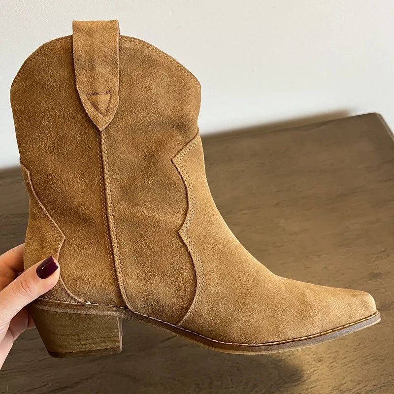 Bottes Chelsea pour femme en suède de vache à bout pointu et talon épais, bottines cousues, chaussures d'hiver, bottes western pour femme, printemps automne
