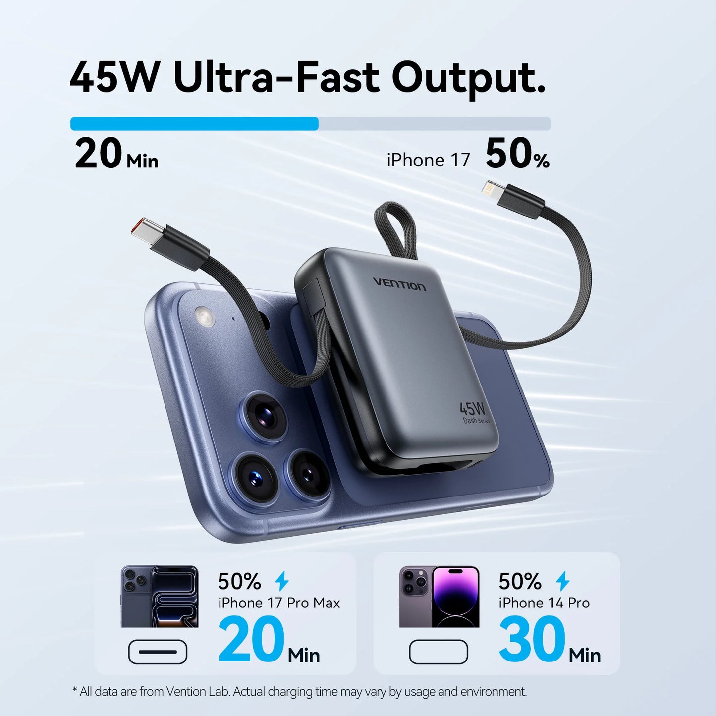 Vention 45W 10000mAh Powerbank mit integriertem USB-C- und Lightning-Kabel, tragbare Powerbank für iPhone 17 16 Samsung S26 S25 Xiaomi Poco