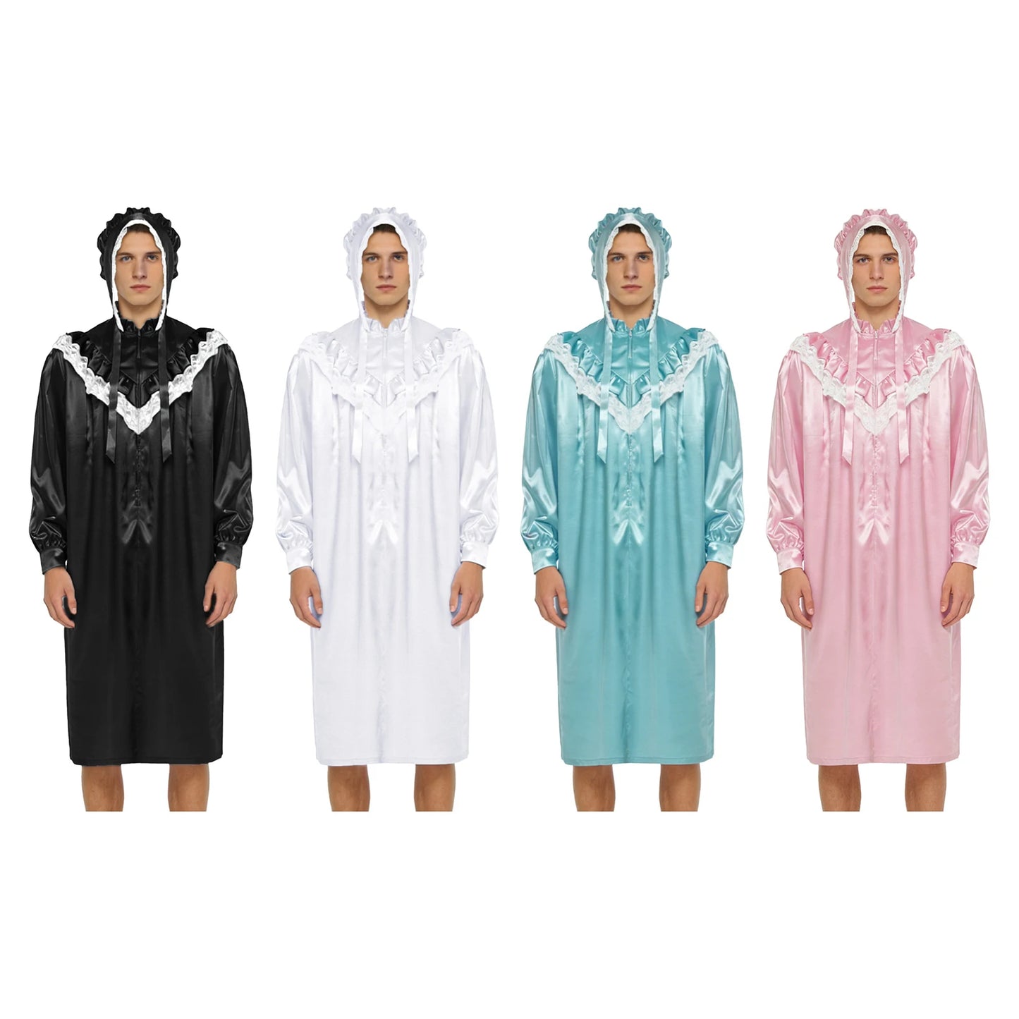 Pyjama homme à volants et dentelle, nuisette victorienne Sissy avec chapeau, robe de nuit satinée à manches longues et fermeture éclair sur le devant