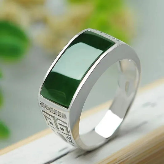 New Real Green Natural Hetian Jade Ring 925 Sterling Silver Ring Couple Rings Men Women Jewelry Lucky Stone Jade Finger Ring