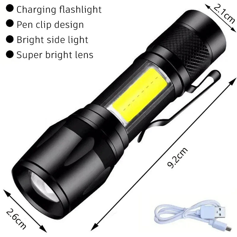 Lampe de poche portable super lumineuse 3 LED SST20 - Torche USB rechargeable de haute qualité, étanche avec CLIP DE CASQUETTE pour la randonnée et le camping