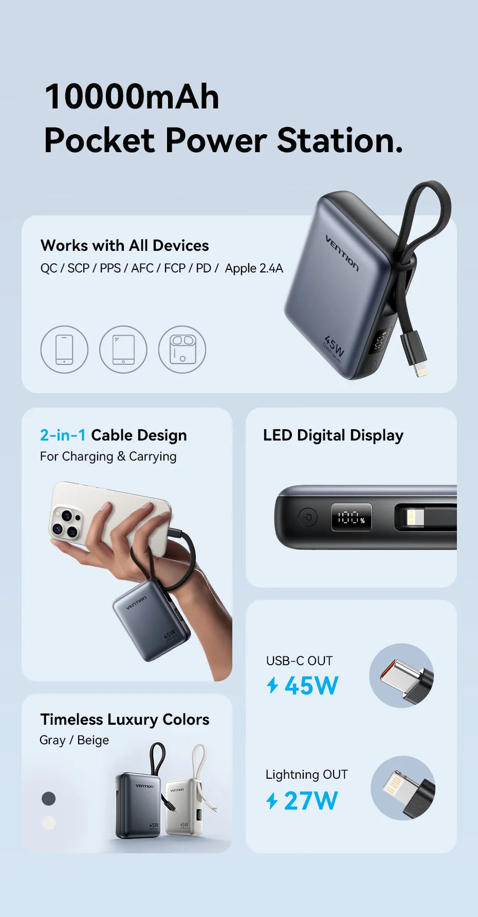 Vention 45W 10000mAh Powerbank mit integriertem USB-C- und Lightning-Kabel, tragbare Powerbank für iPhone 17 16 Samsung S26 S25 Xiaomi Poco
