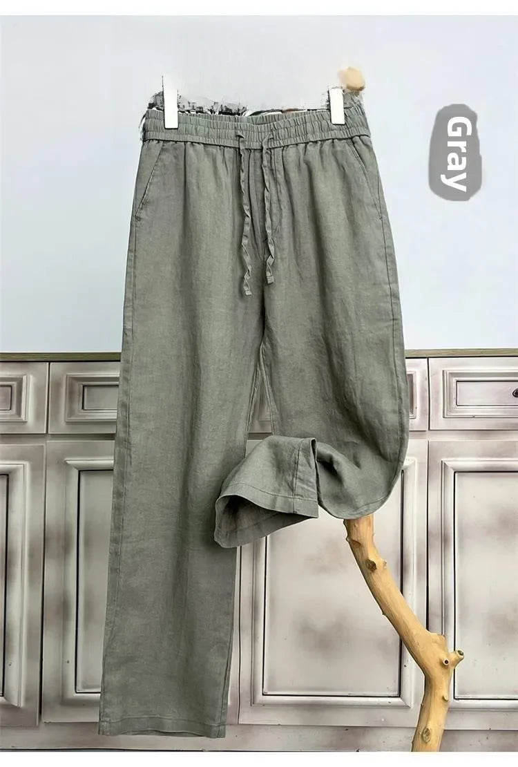 Hochwertige reine Leinenhose für Herren Sommer Baumwoll-Leinen Loose Straight Leg Freizeit lange Hose Frühling Herbst Bequem Atmungsaktiv