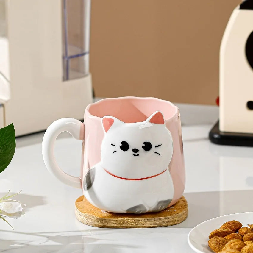 JUSTINLAU Tasse en céramique mignonne avec couvercle et cuillère, motif chat de dessin animé en relief, style japonais, tasse à café émaillée, tasse à thé en céramique