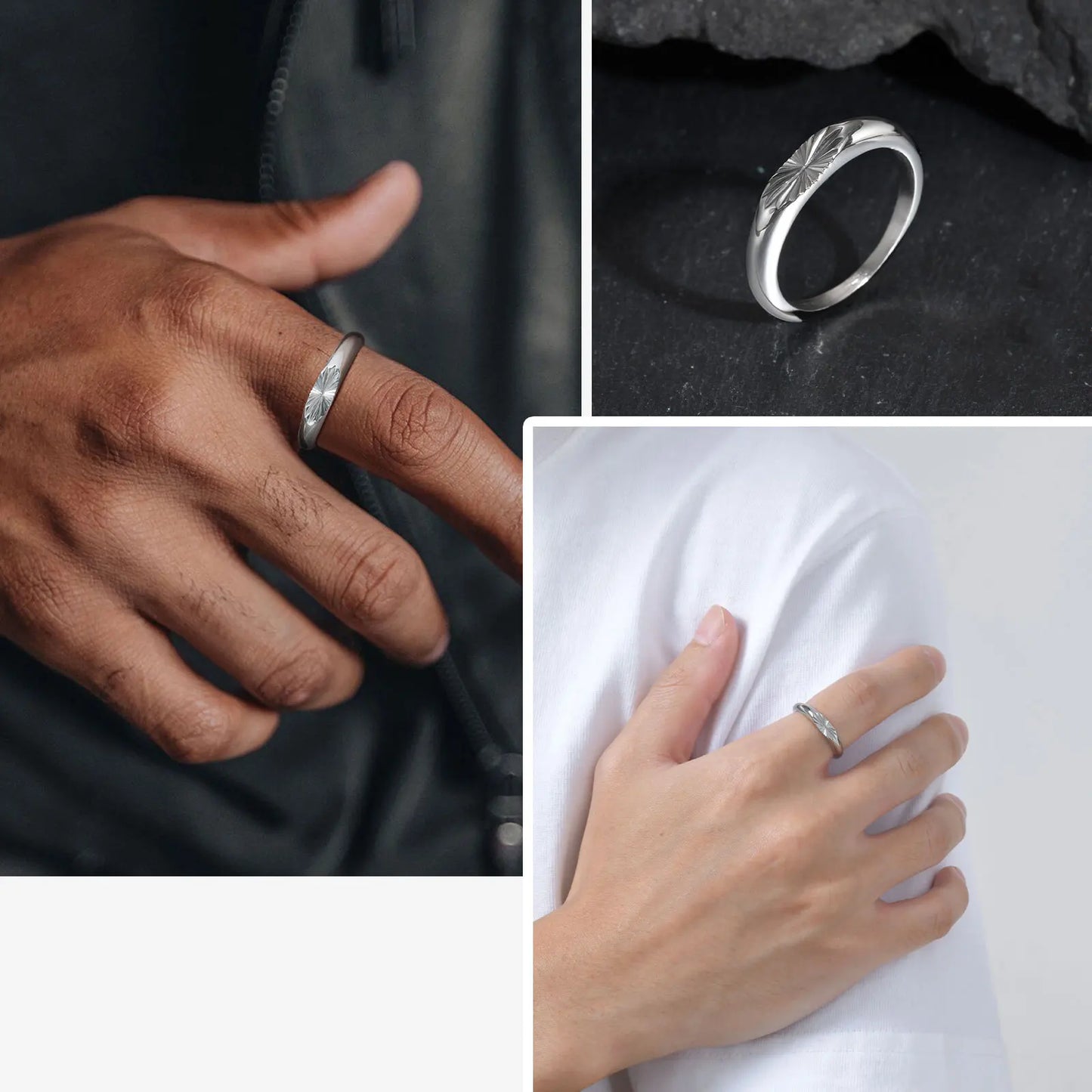 Vnox versilberter Edelstahlring für Herren, Ringe mit Blumenmuster und elliptischer Oberfläche 4 x 9,2 mm, minimalistischer Ring, modische Geschenke