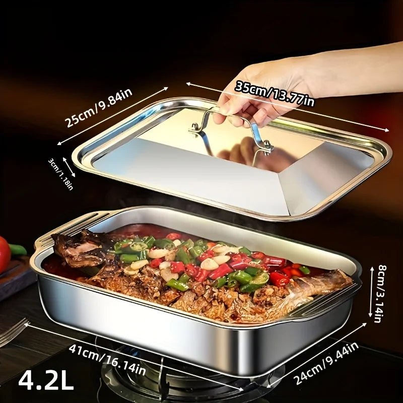 Ensemble de 4 plats de cuisson en acier inoxydable avec couvercles - Plat profond de 40 x 23 cm pour poisson/pâtes/grillades, compatible four et lave-vaisselle, 4,2 L