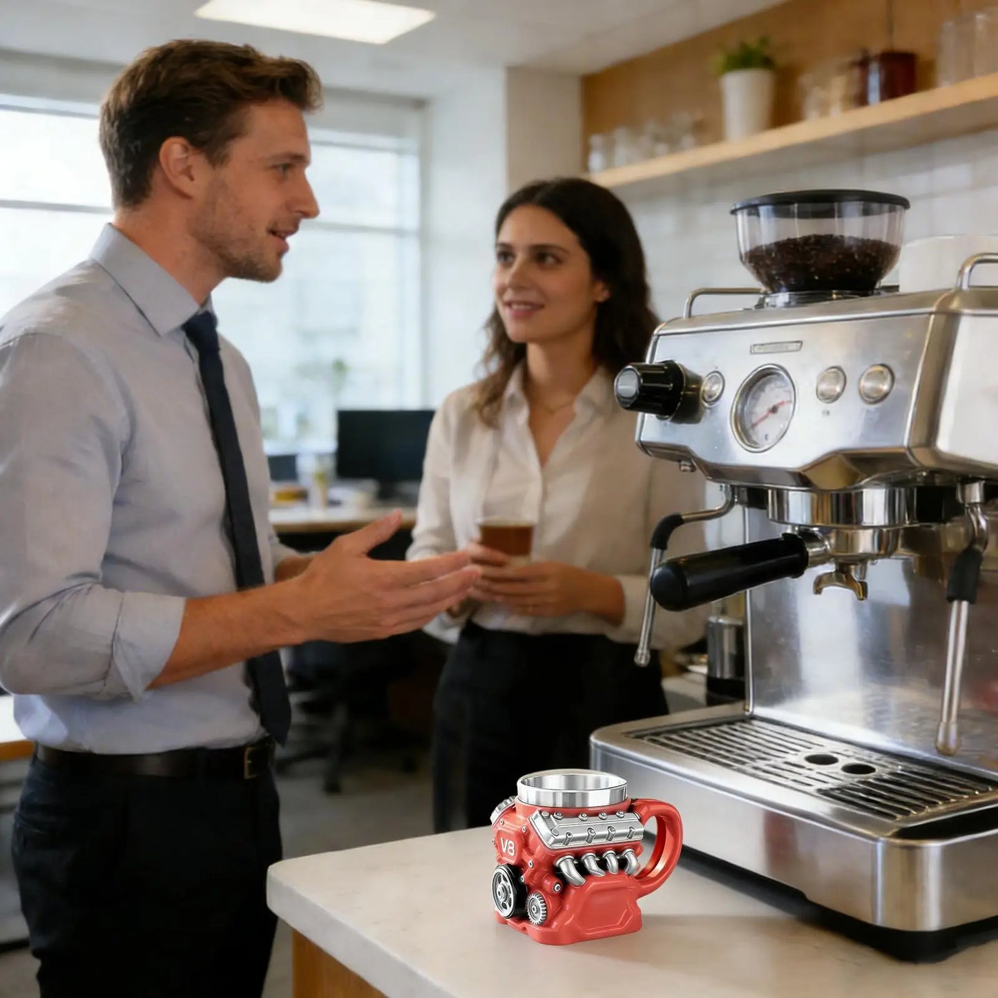 Kaffeetasse Mechanische Tasse Edelstahl V8 Motor Reisebecher für Kaffee für Männer Autoenthusiasten Valentinstag Geburtstag