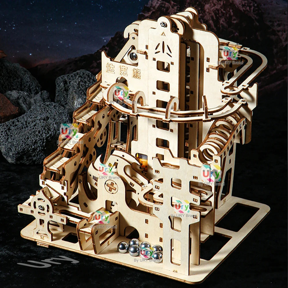 Ury 3D Wooden Puzzles Marble Electric Catapult Track Device Set Mechanical Model Science Maze 7 Balls Assembly Toy for Kids Gift