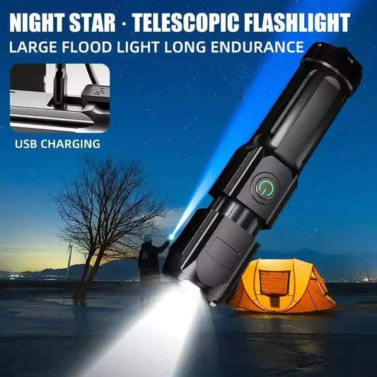 LED Camping-Taschenlampe, wiederaufladbar, USB-Strahler mit Zoom, integriertem Akku für Angeln, Outdoor, wasserdicht
