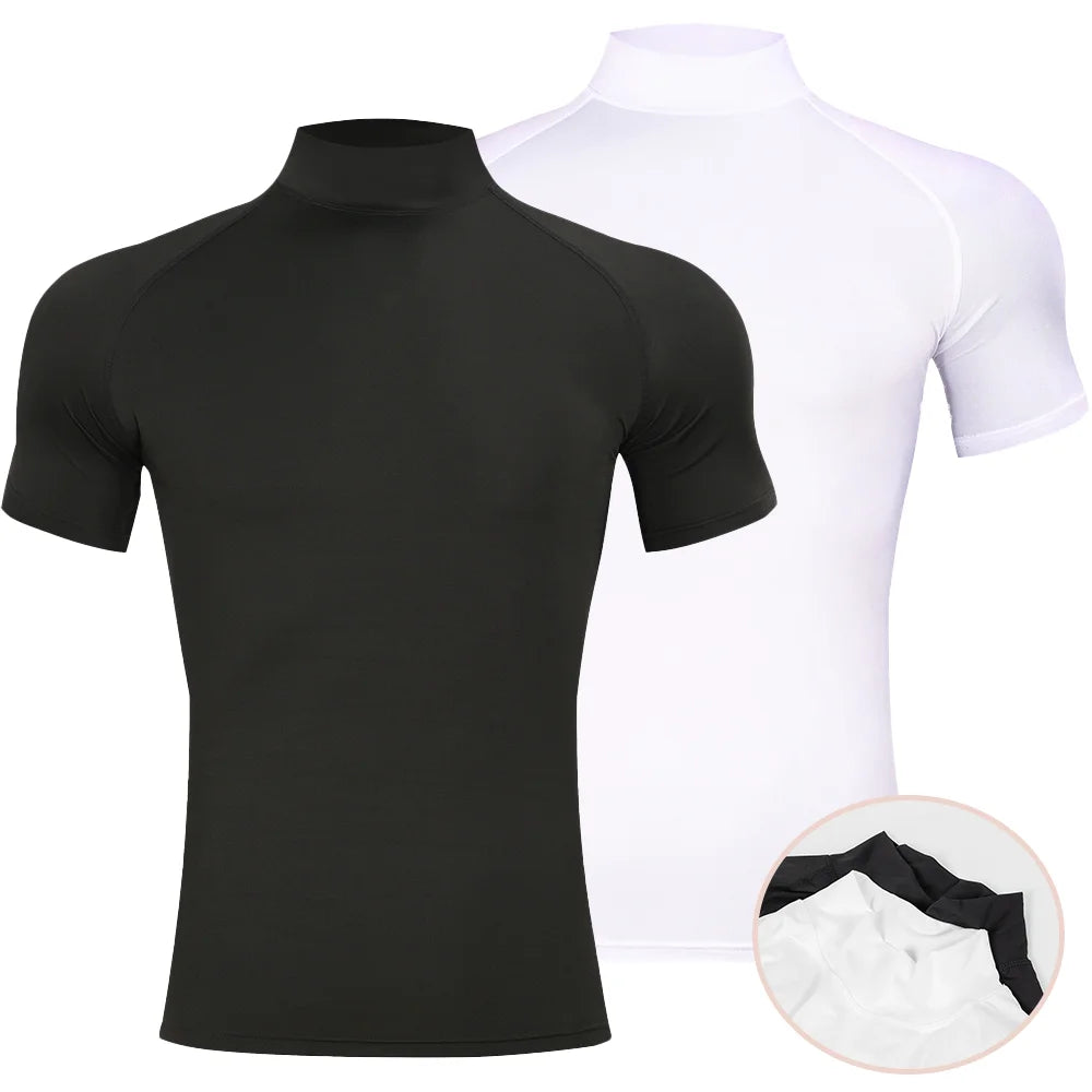 T-shirt de sport moulant pour homme - Musculation - Compression - Col roulé - Manches courtes - Gym - Fitness - Course à pied - Séchage rapide - Haut d'entraînement pour homme