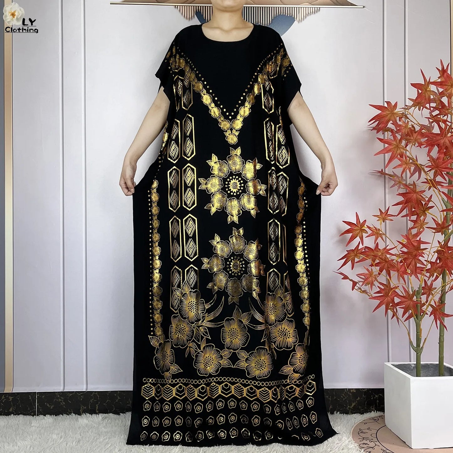 Neues Sommer-Kurzarm-Kleid aus Baumwolle für Damen mit großem Schal Goldprägung Boubou Maxi Islam Damen Afrikanische Abaya Kleidung