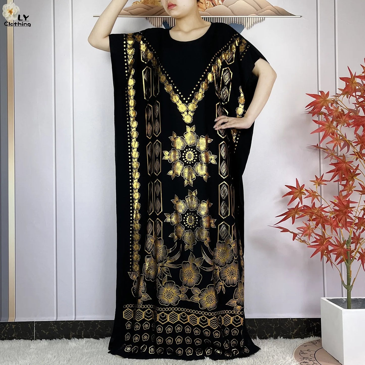 Neues Sommer-Kurzarm-Kleid aus Baumwolle für Damen mit großem Schal Goldprägung Boubou Maxi Islam Damen Afrikanische Abaya Kleidung
