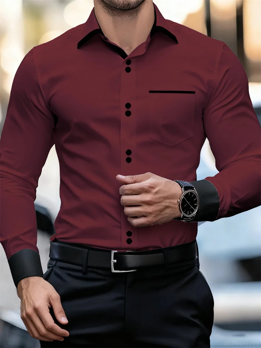 Chemise à manches longues et col color block pour hommes, coupe slim, infroissable, chemise patchwork noire et blanche, haut de mode pour hommes