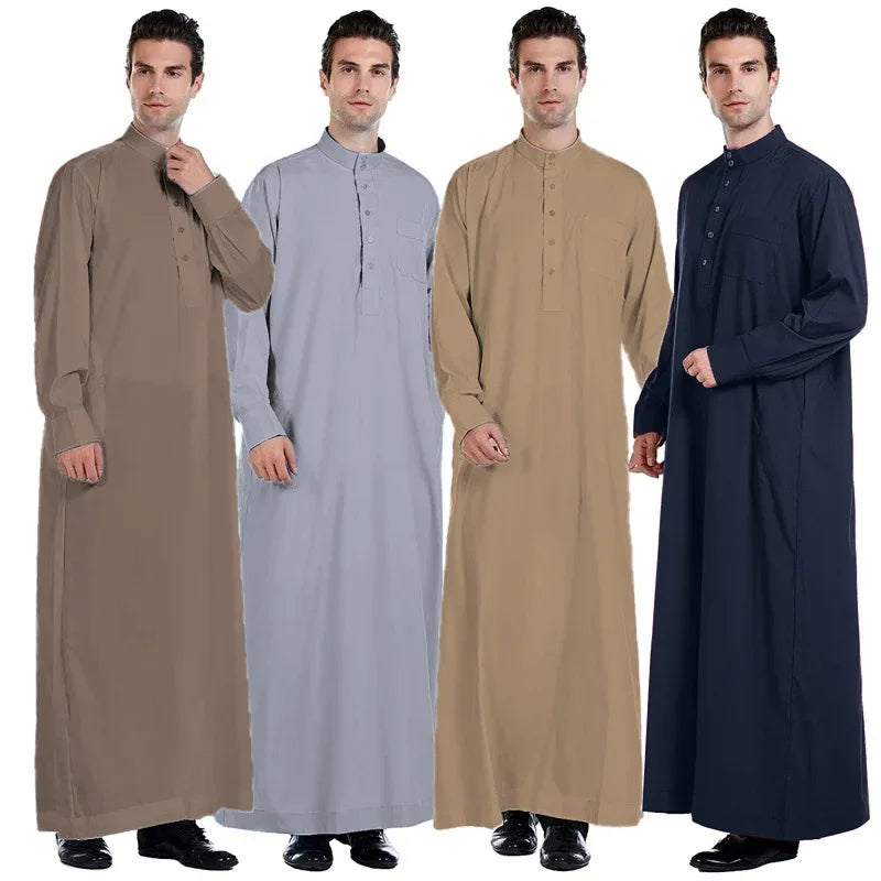 2026 Muslim Clothing Men Jubba Thobe Solid Long Sleeve Kaftan Stand Collar Casual Robe Moroccan Dishdasha Thawb Islamic Clothing
