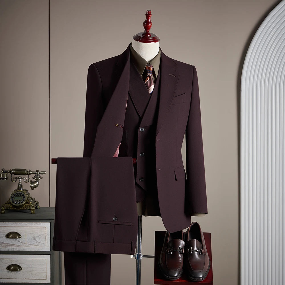 Ensemble de costume trois pièces en laine haut de gamme pour homme, élégant et décontracté, de couleur unie, idéal pour banquets et mariages.