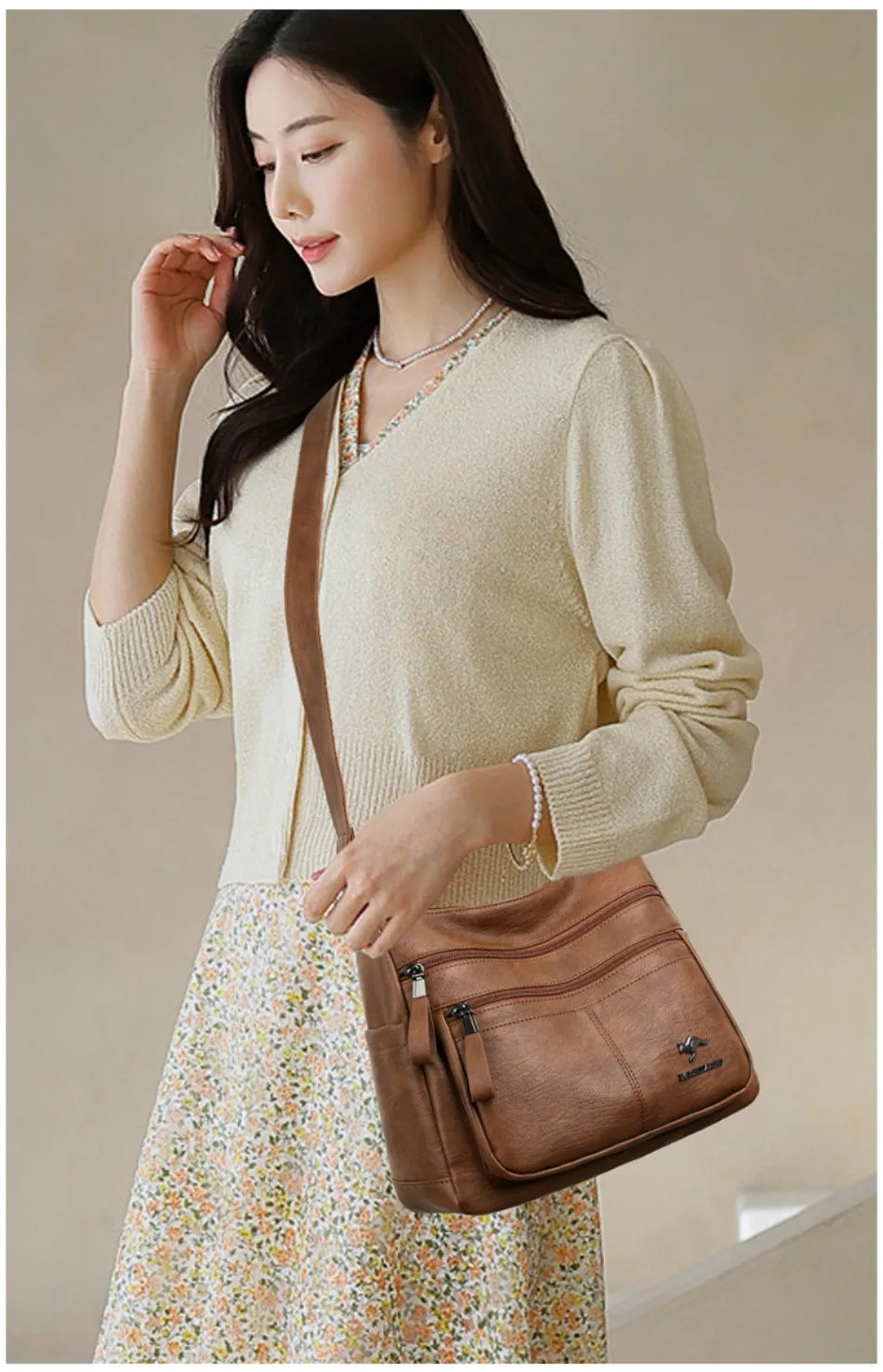 Sacs bandoulière en cuir souple Kangaroo pour femmes Sacs à bandoulière vintage multi-poches Designer Sacs messager décontractés pour dames Sac à main