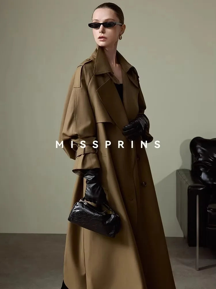Lautaro Frühling Herbst Langer Khaki Trenchcoat für Damen Gürtel Zweireiher Schick Luxus Designer Europäische Mode Kleidung 2025
