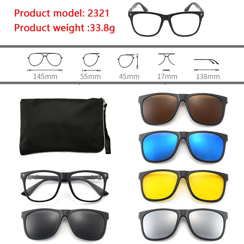 6 In 1 Polarized Sunglasses Men Women Magnetic Clip On Glasses TR90 Optical Prescription Eyeglass Frames Magnet Clips