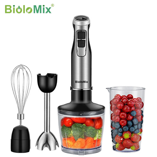 BioloMix Mixeur Plongeant 4-en-1 Haute Puissance 1200W avec Hachoir et Gobelet à Smoothies Lames en Acier Inoxydable pour Glace
