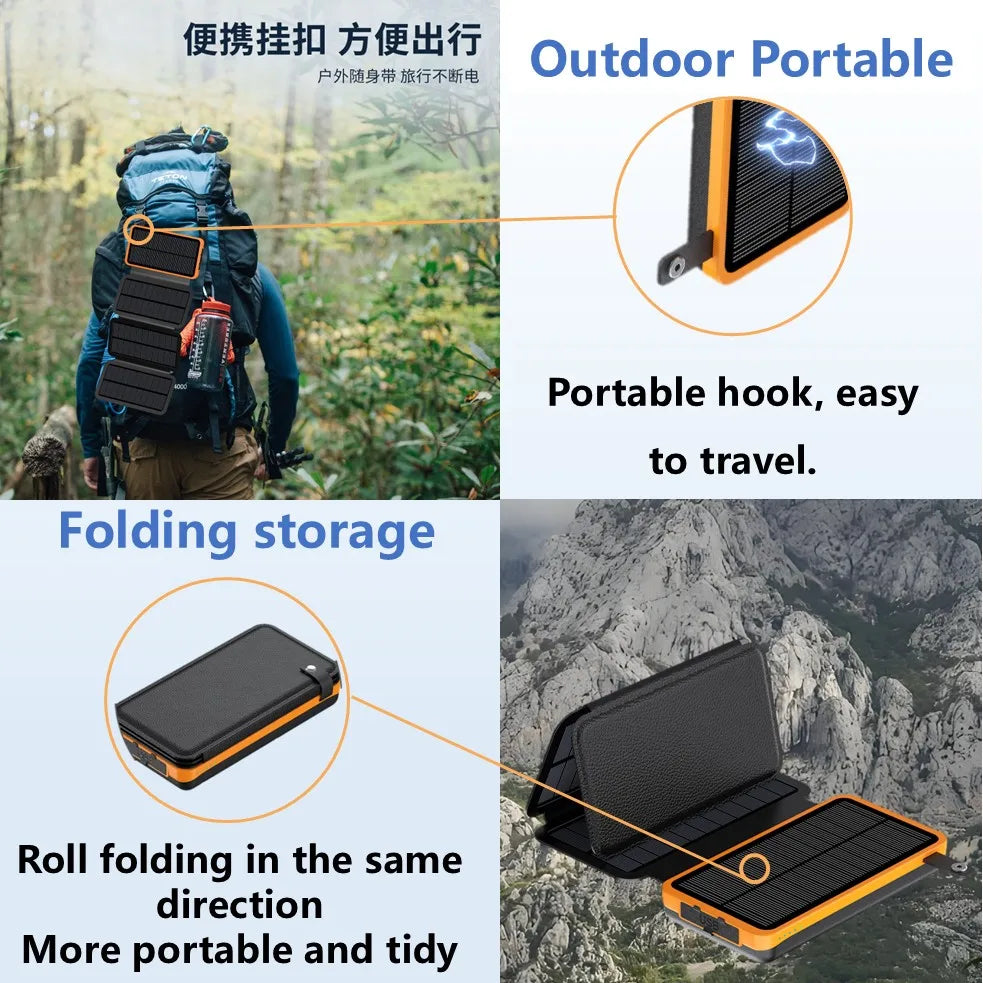 Faltbare Solar Powerbank mit 4 Solarmodulen, 50000mAh Tragbare Solar-Externbatterie Kompatibel mit iOS Android USB-A USB-C