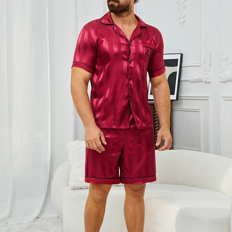 Herren-Pyjama-Set mit Karodruck, Kurzarm-Revers-Oberteil und elastische Shorts, bequem, perfekt für Sommer-Schlafanzüge und Loungewear