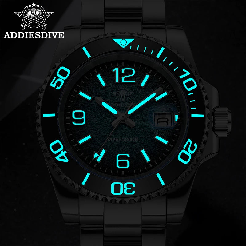 Montre de Plongée Homme ADDIESDIVE 41mm AD2513 Étanche 200m Acier Inoxydable 316L Montre-Bracelet à Quartz Calendrier BGW9 Super Lumineux