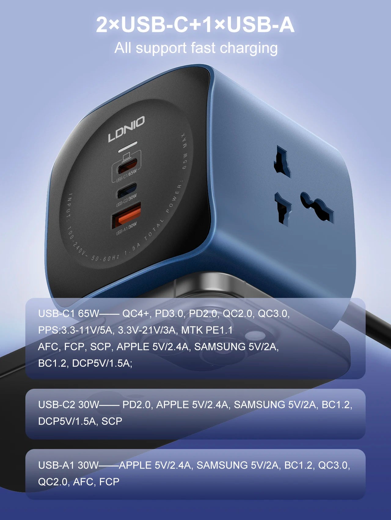 Multiprise cube LDNIO 3 prises universelles avec 3 ports USB 65W, protection contre les surtensions 2500W, cordon d'extension de 2m (fiche UK/EU/US) et interrupteur