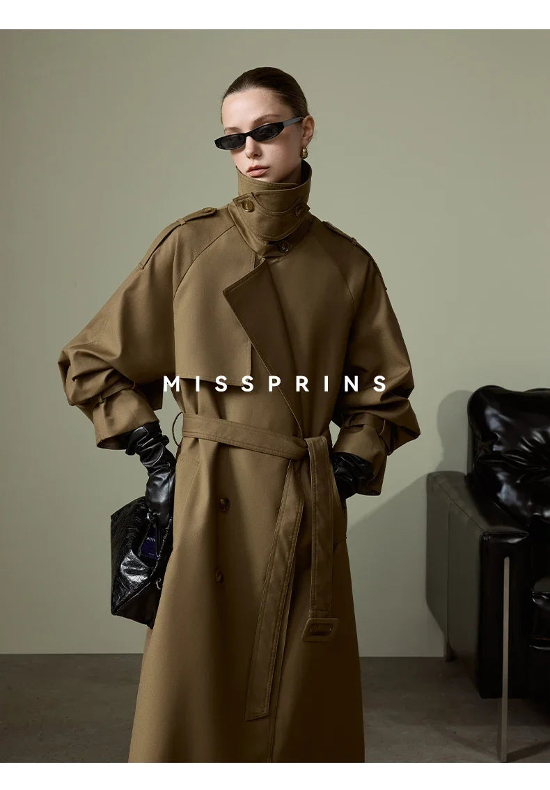 Lautaro Frühling Herbst Langer Khaki Trenchcoat für Damen Gürtel Zweireiher Schick Luxus Designer Europäische Mode Kleidung 2025