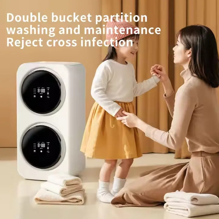 Mini lave-linge portable mural 7L avec double tambour indépendant et séchoir, avec outils de nettoyage du linge
