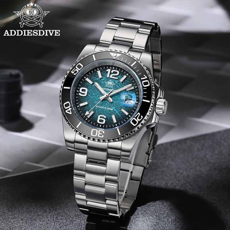 Montre de Plongée Homme ADDIESDIVE 41mm AD2513 Étanche 200m Acier Inoxydable 316L Montre-Bracelet à Quartz Calendrier BGW9 Super Lumineux
