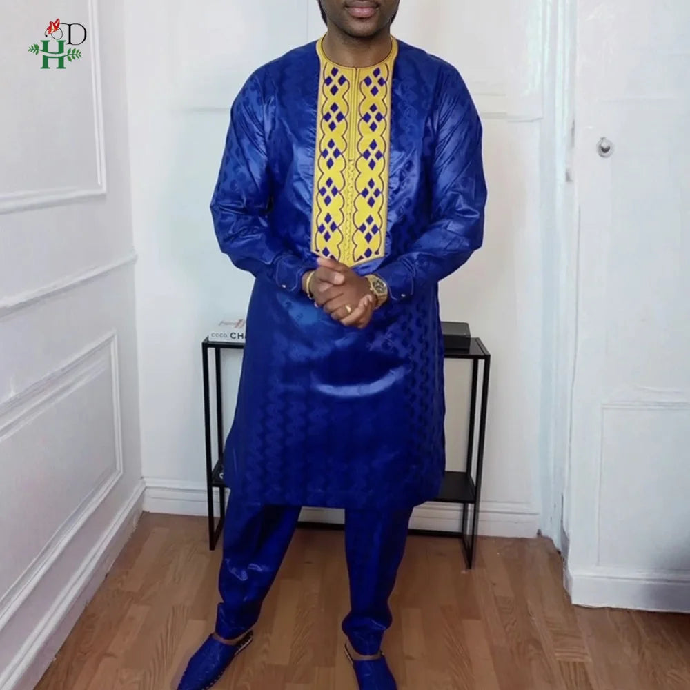 H&D Nouveaux Vêtements Africains pour Hommes Tradition Vêtements Broderie Bleu Ensemble 2 Pièces Haut Pantalon Bazin Musulman Mariage Fête Dashiki