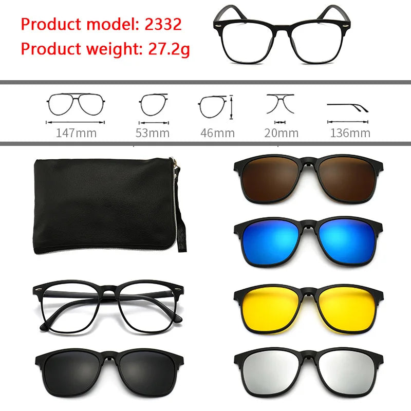 6 In 1 Polarized Sunglasses Men Women Magnetic Clip On Glasses TR90 Optical Prescription Eyeglass Frames Magnet Clips