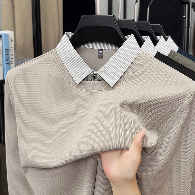 Nouveau polo faux deux pièces pour homme 2025, décontracté, à la mode, à manches longues, col t-shirt, haut polyvalent