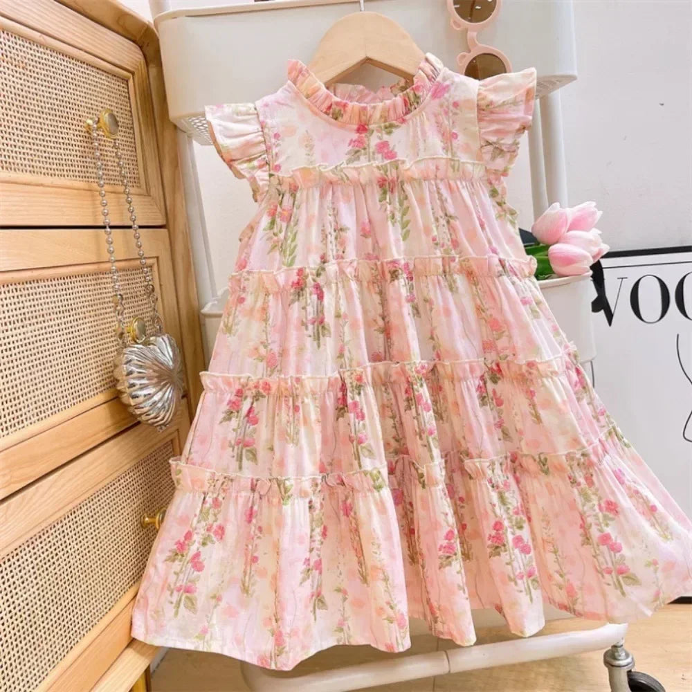 3-7 Years Old Summer New Princess Dress Pink Round Neck Sleeveless Lace Flower Print Girls' Casual Clothes Birthday Party Wear