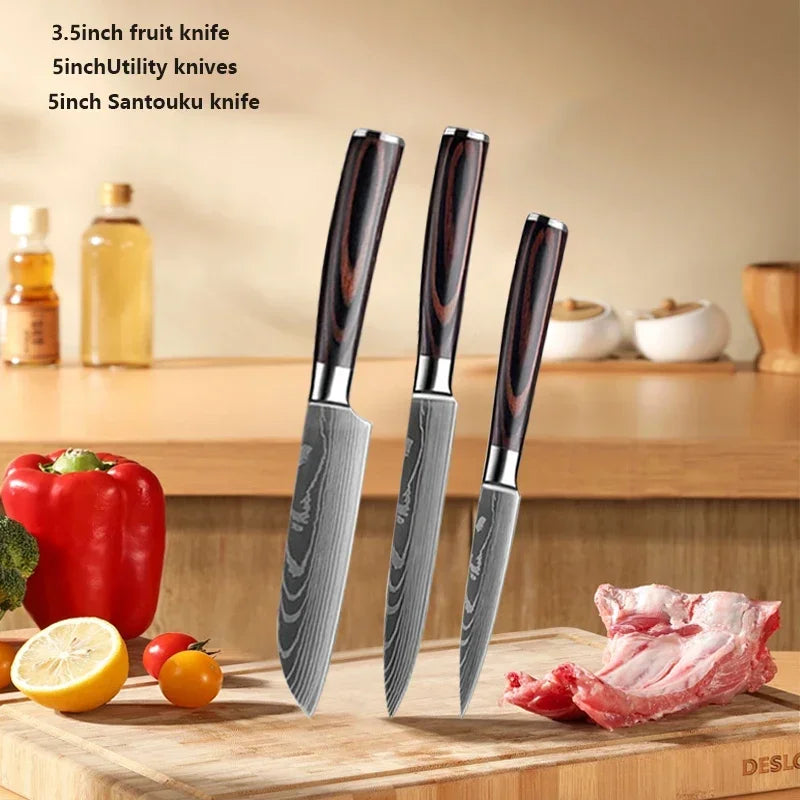 Couteau de Chef Damas Ensemble de Couteaux de Cuisine Professionnels Couteau à Désosser Couteau de Boucher Couteau Utilitaire Couteau Santoku Japonais avec Housse